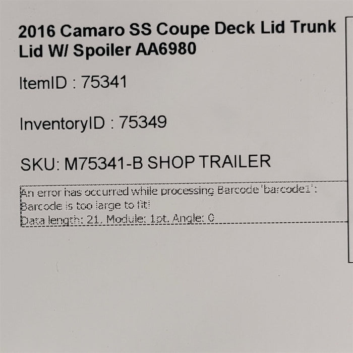 16-18 Camaro SS Rear Deck lid Trunk Lid Black Coupe AA6980