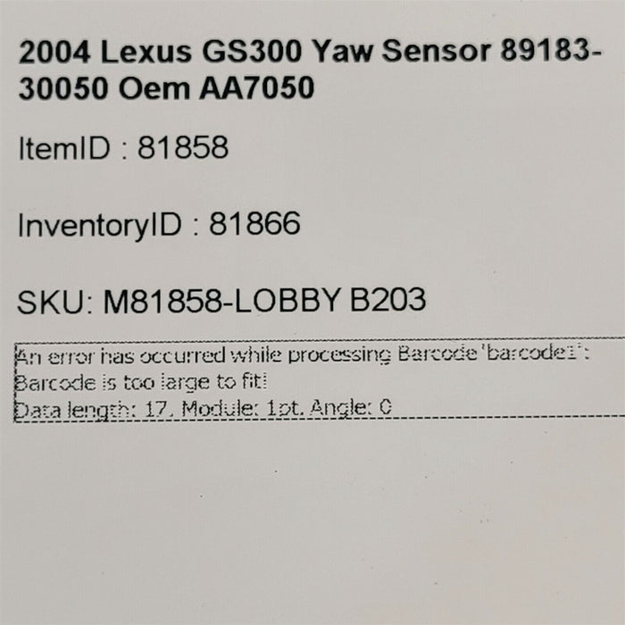 98-05  Lexus GS300 Yaw Sensor Rate Turn 89183-30050 Oem AA7050