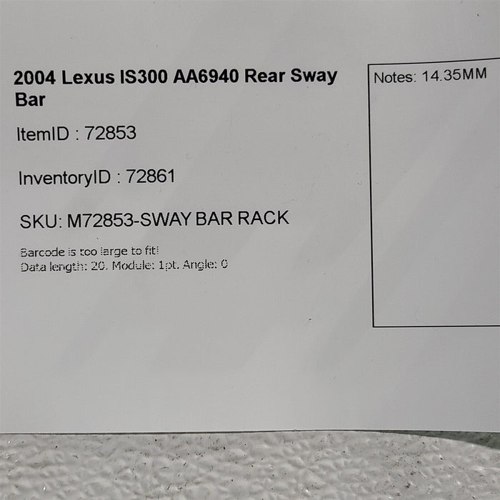 02-05 Lexus IS300 Rear Sway Bar Stabilizer AA6940
