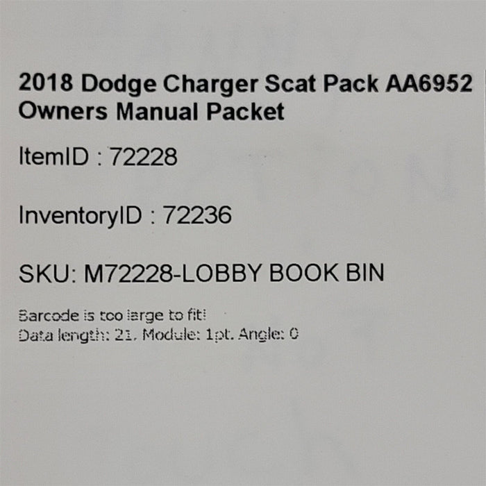 2018 Dodge Charger Scat Pack Owners Manual Booklet Pouch AA6952