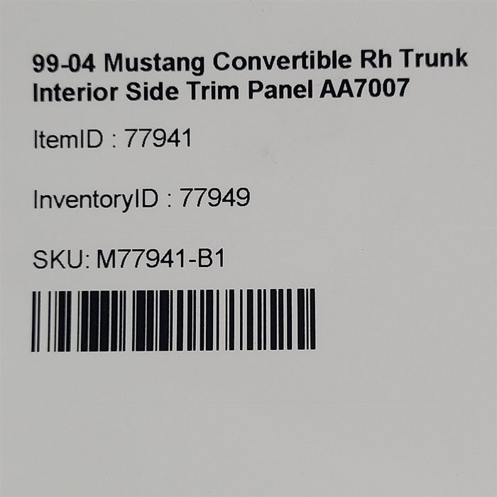 99-04 Mustang Convertible Rh Trunk Interior Side Trim Panel AA7007