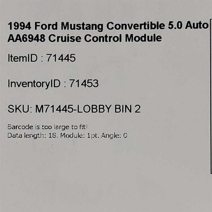 94-95 Mustang 5.0L GT Cruise Control Module AA6948