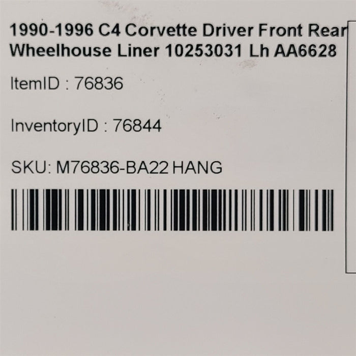 1990-1996 C4 Corvette Driver Front Rear Wheelhouse Liner 10253031 Lh AA6628