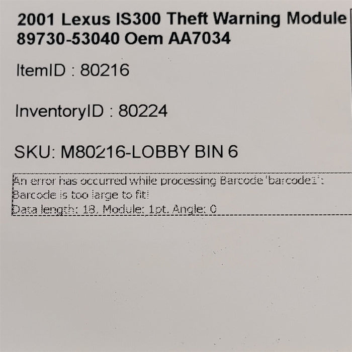 01-05 Lexus IS300 Theft Warning Module 89730-53040 Oem AA7034