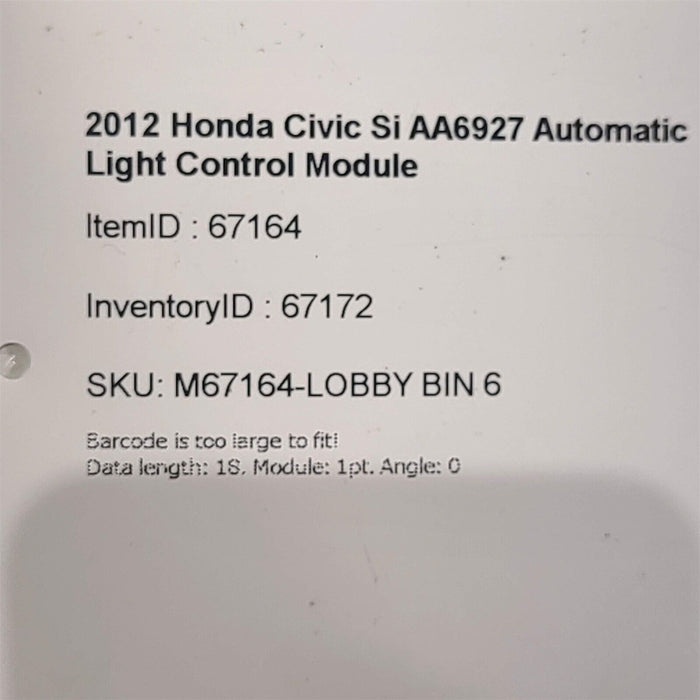 2012 Honda Civic Si Automatic Light Control Module AA6927