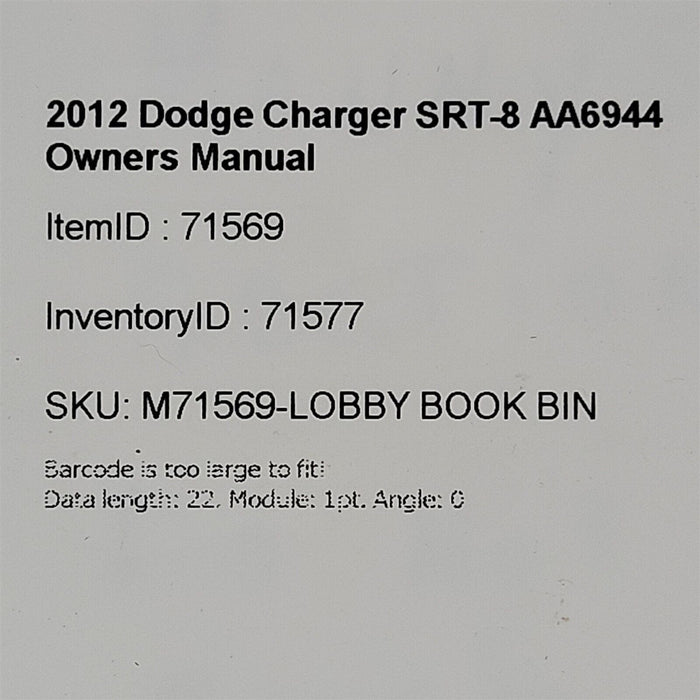 2012 Dodge Charger SRT-8 Owners Manual Booklet Pouch Documents AA6944