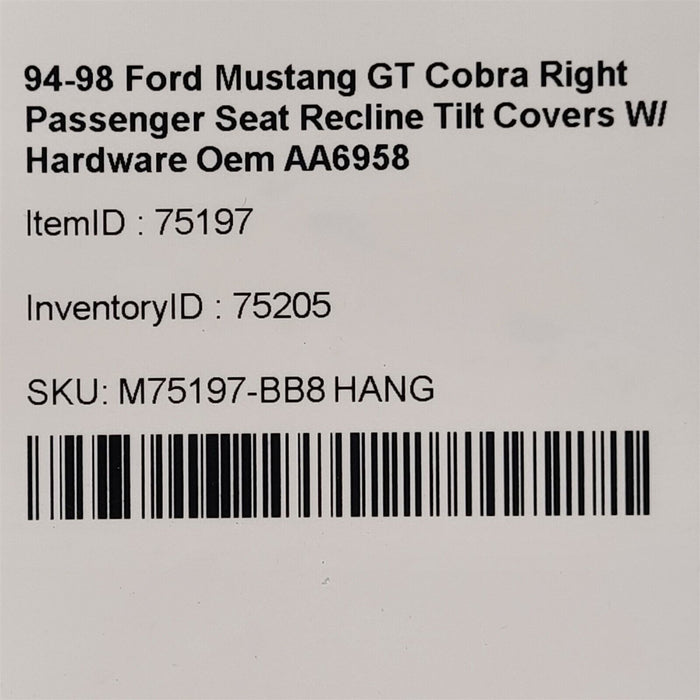 94-98 Mustang GT Cobra Passenger Seat Recline Tilt Cover W/ Hardware Oem AA6958