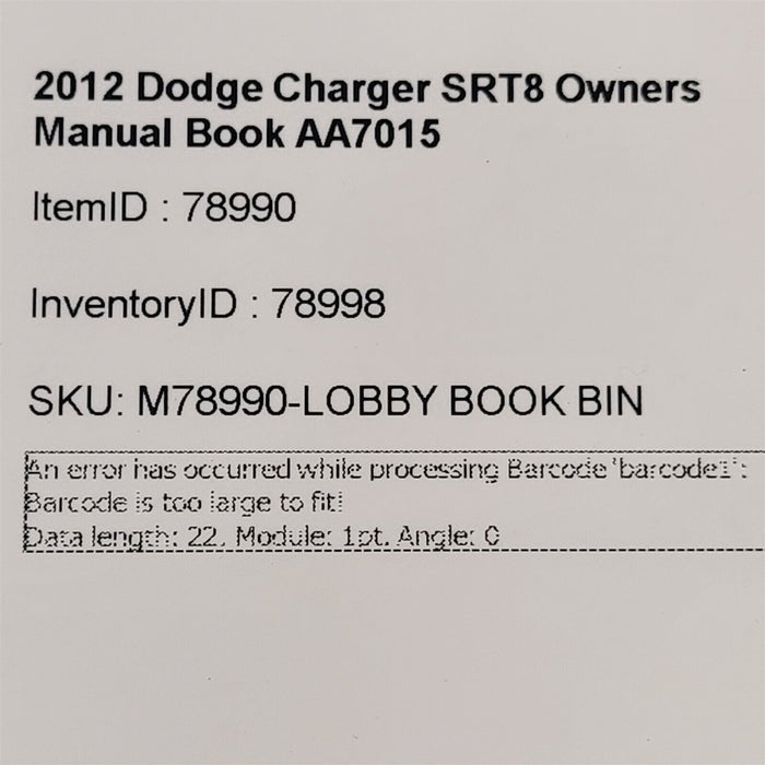 2012 Dodge Charger SRT8 Owners Manual Book Incomplete AA7015