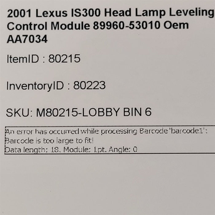01-05 Lexus IS300 Head Lamp Leveling Control Module 89960-53010 Oem AA7034