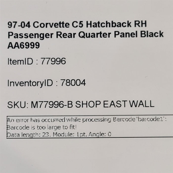 97-04 Corvette C5 Hatchback RH Passenger Rear Quarter Panel Black AA6999