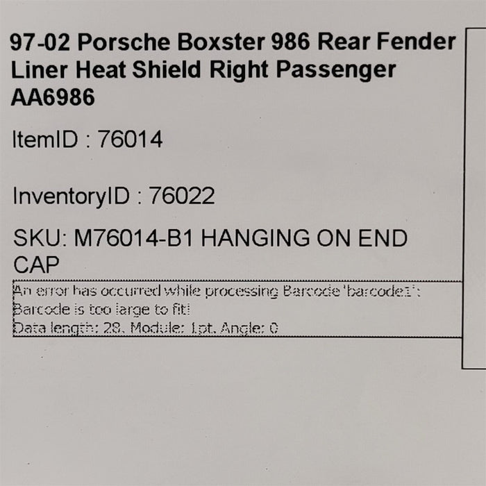 97-02 Porsche Boxster 986 Rear Fender Liner Heat Shield Right Passenger AA6986