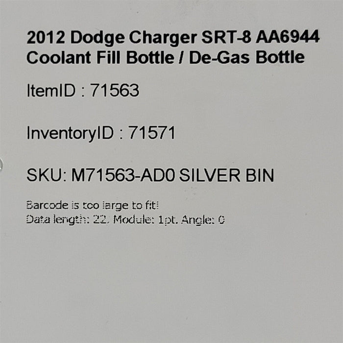 2012 Dodge Charger SRT-8 Radiator Coolant Bottle Tank Reservoir AA6944