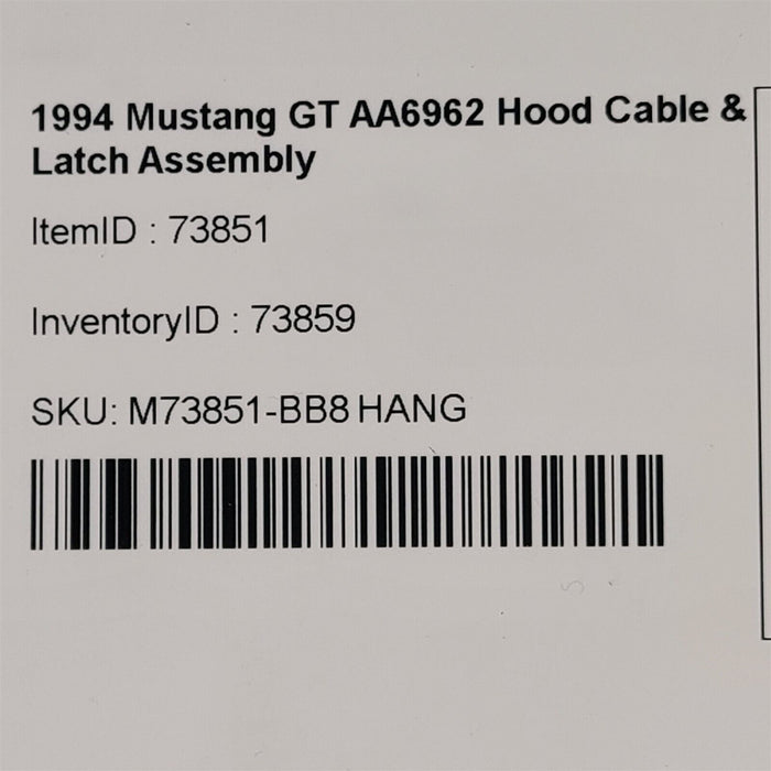 94-95 Mustang Gt Hood Cable & Latch Assembly Aa6962