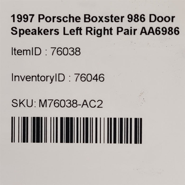 97-99 Porsche Boxster 986 Door Speakers Left Right Pair Speaker Pair AA6986