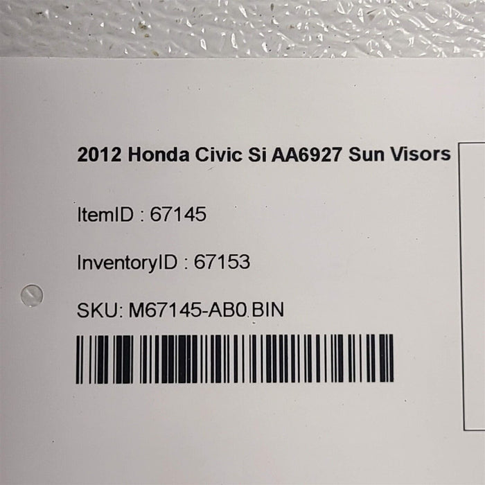 2012 Honda Civic Si Sun Visors Visor Set Pair AA6927