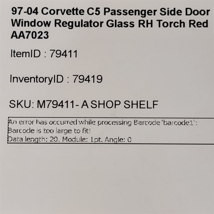 97-04 Corvette C5 Passenger Side Door Window Regulator Glass RH Torch Red AA7023
