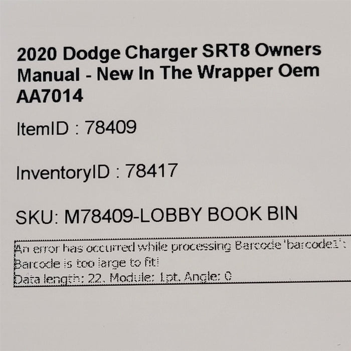 2020 Dodge Charger SRT8 Owners Manual - New In The Wrapper Oem AA7014