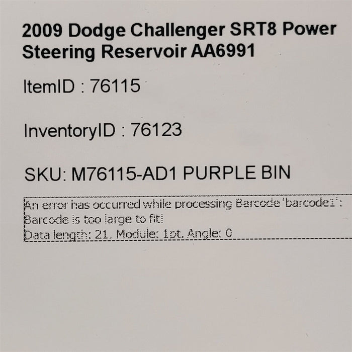 08-10 Dodge Challenger Srt8 Power Steering Reservoir 6.1L AA6991