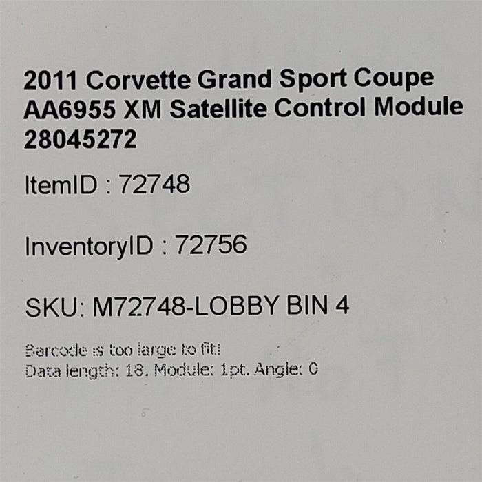 2011 Corvette Grand Sport Coupe XM Satellite Control Module 28045272 AA6955