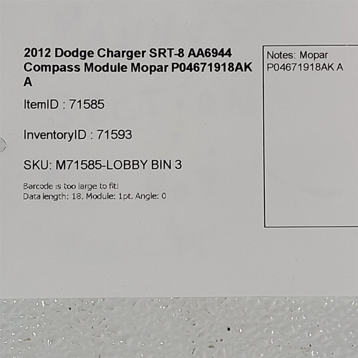 2012 Dodge Charger SRT-8 Compass Module Mopar P04671918AK A AA6944