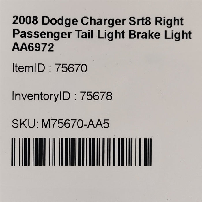 06-08 Dodge Charger Srt8 Right Passenger Tail Light Brake Light AA6972
