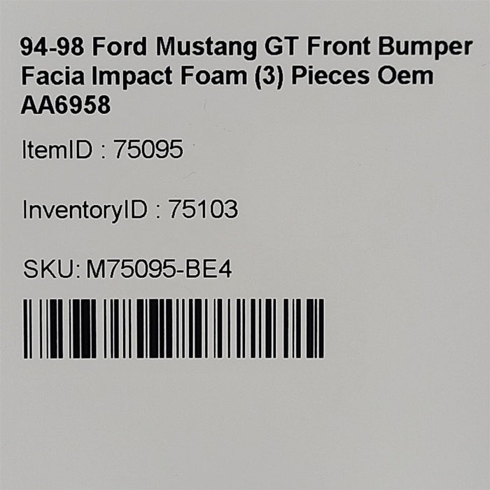 94-98 Ford Mustang GT Front Bumper Facia Impact Foam (3) Pieces Oem AA6958