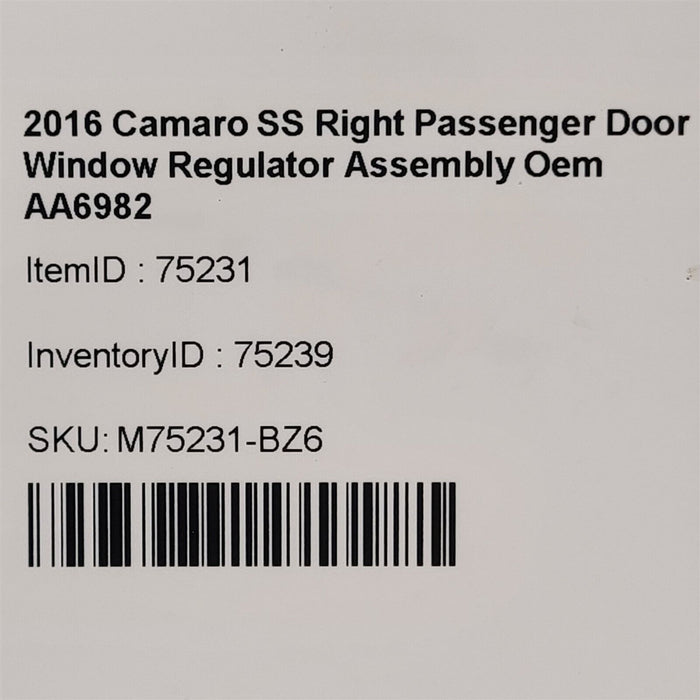 16-20 Camaro SS Right Passenger Door Window Regulator Assembly Oem AA6982