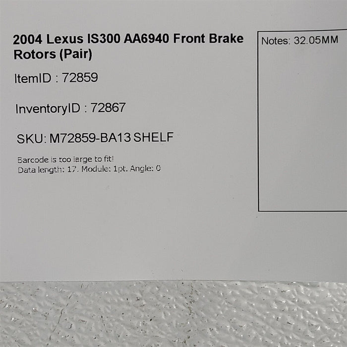 01-05 Lexus IS300 Front Brake Rotors (Pair) AA6940