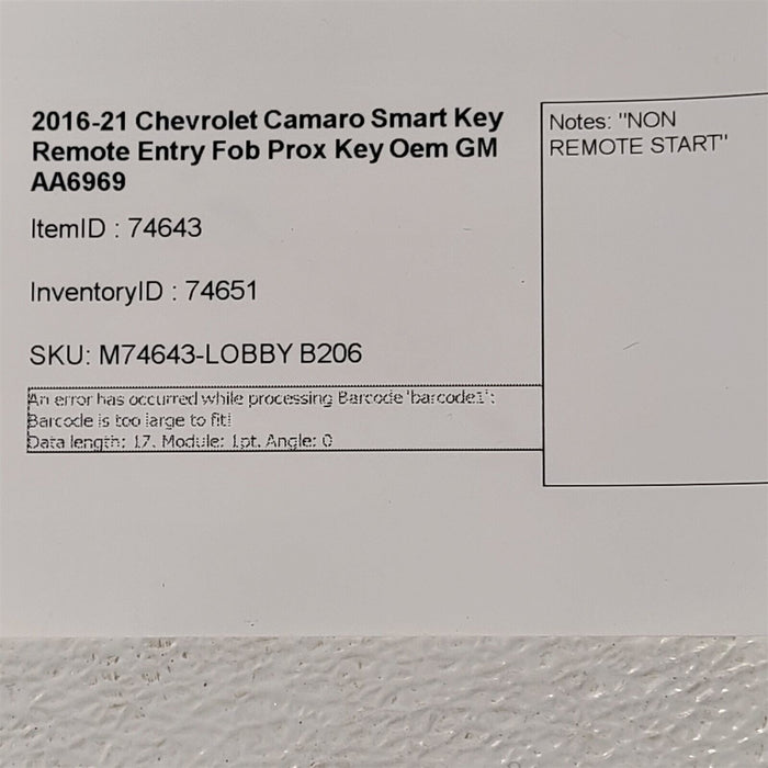 2016-21 Chevrolet Camaro Smart Key Remote Entry Fob Prox Key Oem GM AA6969