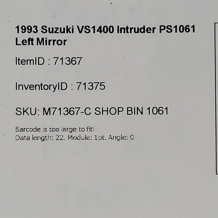 1993 Suzuki VS1400 Intruder Left Mirror LH PS1061
