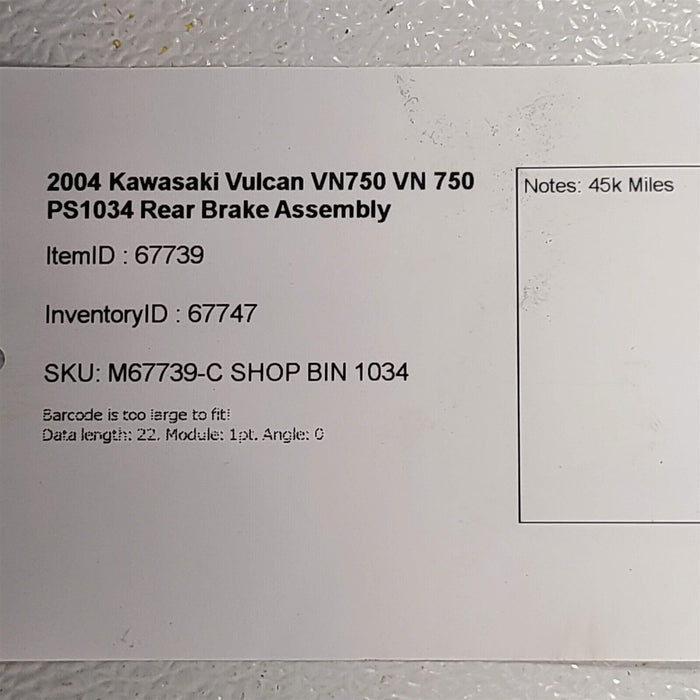 2004 Kawasaki Vulcan VN750 VN 750 Rear Brake Assembly PS1034