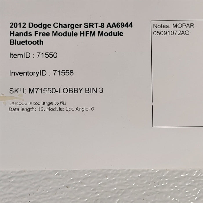 2012 Dodge Charger SRT-8 Telematics Hands Free Module Module Bluetooth AA6944