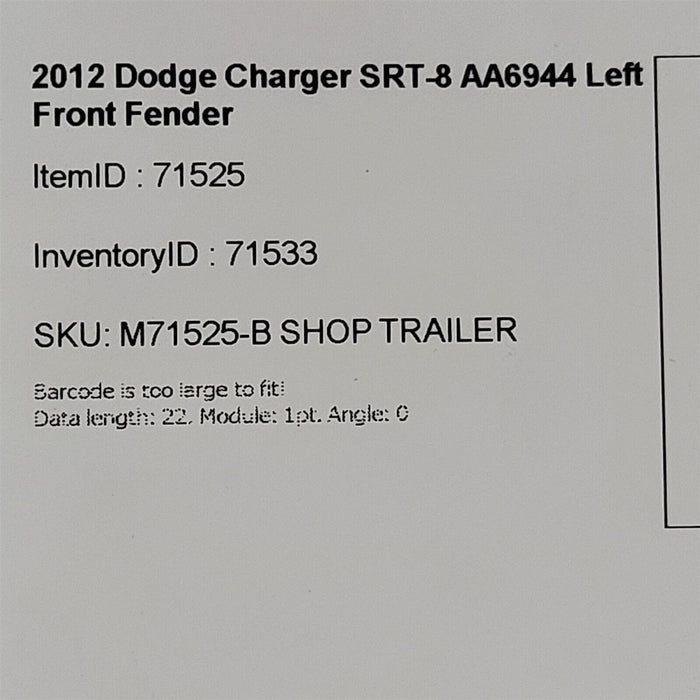 2012 Dodge Charger SRT-8 Left Front Fender Driver AA6944