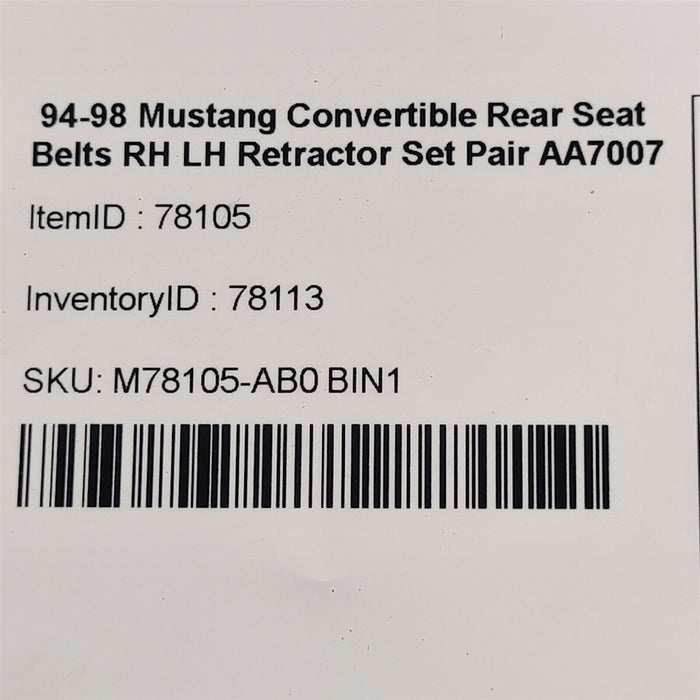 99-04 Mustang Convertible Rear Seat Belts RH LH Retractor Set Pair AA7007