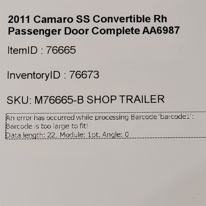 10-15 Camaro Ss Passenger Door Convertible With Glass Window Regulator Rh AA6987