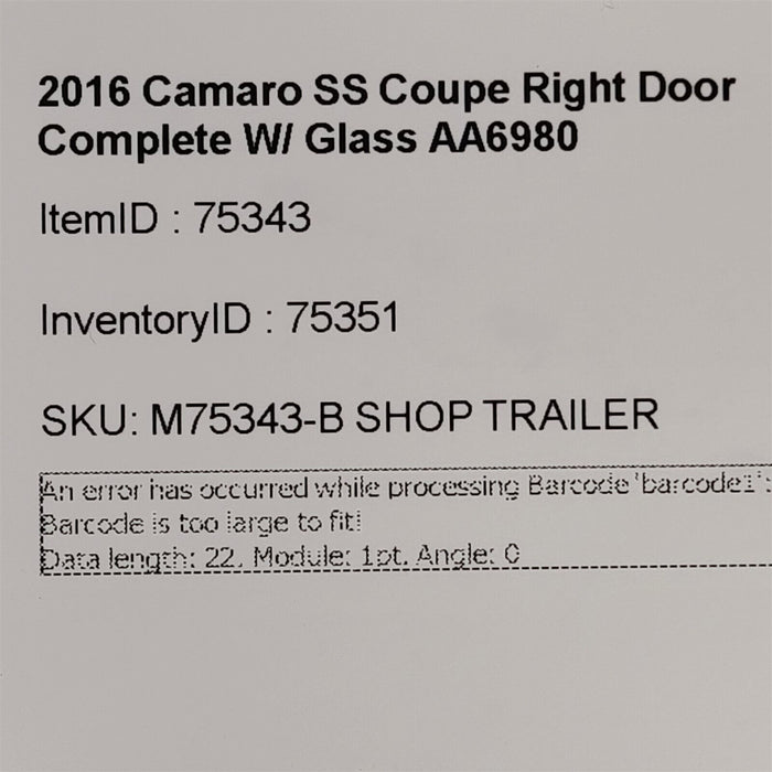 16-18 Camaro SS Passenger Door Coupe With Glass Window Regulator Oem RH AA6980